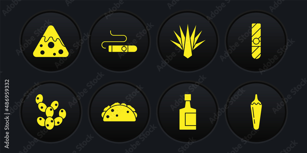 Set Cactus, Cigar, Taco with tortilla, Tequila bottle, Agave, Hot chili pepper pod and Nachos icon. Vector Set Cactus, Cigar, Taco with tortilla, Tequila bottle, Agave, Hot chili pepper pod and Nachos icon. Vector