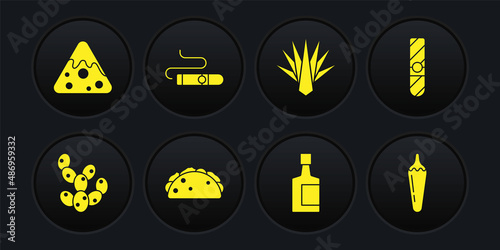 Set Cactus, Cigar, Taco with tortilla, Tequila bottle, Agave, Hot chili pepper pod and Nachos icon. Vector