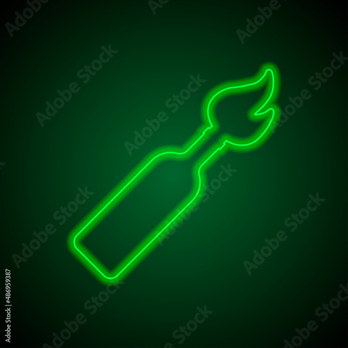 Molotov cocktail simple icon. Flat desing. Green neon on black background with green light.ai