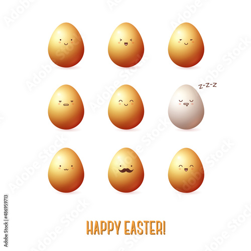 Gold and white eggs set. Vector illustration. Easter template design for greeting and invitation cards. Cute characters.