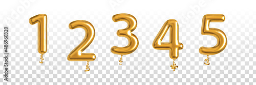 Vector realistic isolated golden balloon of 1, 2, 3, 4 and 5 on the transparent background.