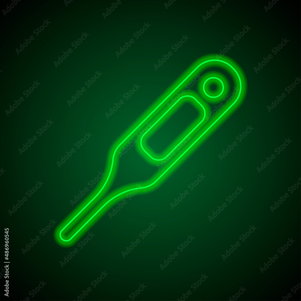 Obraz premium Thermometer simple icon. Flat desing. Green neon on black background with green light.ai