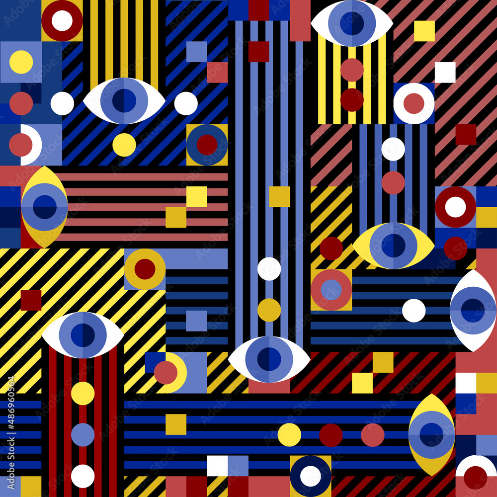 Eye business template with yellow bauhaus pattern on red and blue background for decorative design. Vector graphic contemporary seamless colorful geometric print. Eye business template with yellow bauhaus pattern on red and blue background for decorative design. Vector graphic contemporary seamless colorful geometric print.