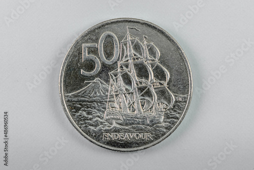 New Zealand 50 cent Ship Endeavourr coin isolated on white 