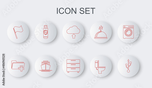 Set line USB, Add new folder, Cloud upload, Toilet bowl, Flag, flash drive and shield, Ship and Furniture nightstand icon. Vector