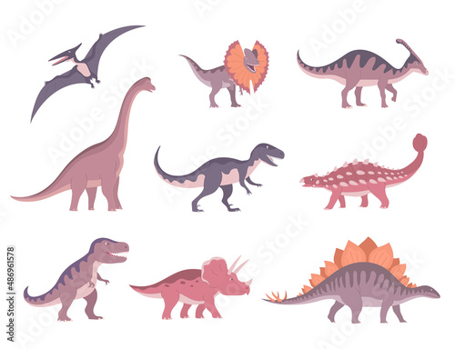 Set of ancient carnivorous and herbivorous dinosaurs. Pteranodon, tyrannosaurus, raptor, stegosaurus, triceratops. Extinct lizards of the Jurassic period. Vector isolated illustration