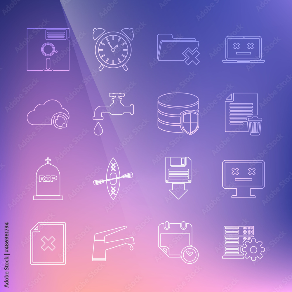 Set line Server setting, Dead monitor, Delete file document, folder, Water tap, Cloud sync refresh, Floppy disk the 5.25-inch and Database protection icon. Vector Set line Server setting, Dead monitor, Delete file document, folder, Water tap, Cloud sync refresh, Floppy disk the 5.25-inch and Database protection icon. Vector