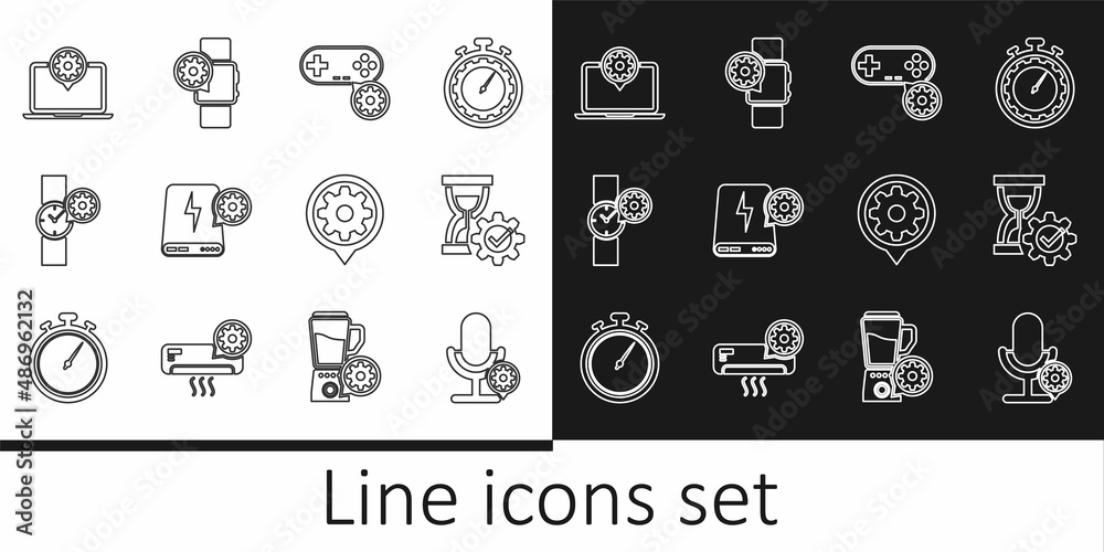 Set line Microphone setting, Hourglass, Gamepad, Power bank, Wrist watch, Laptop, Setting and Smartwatch icon. Vector