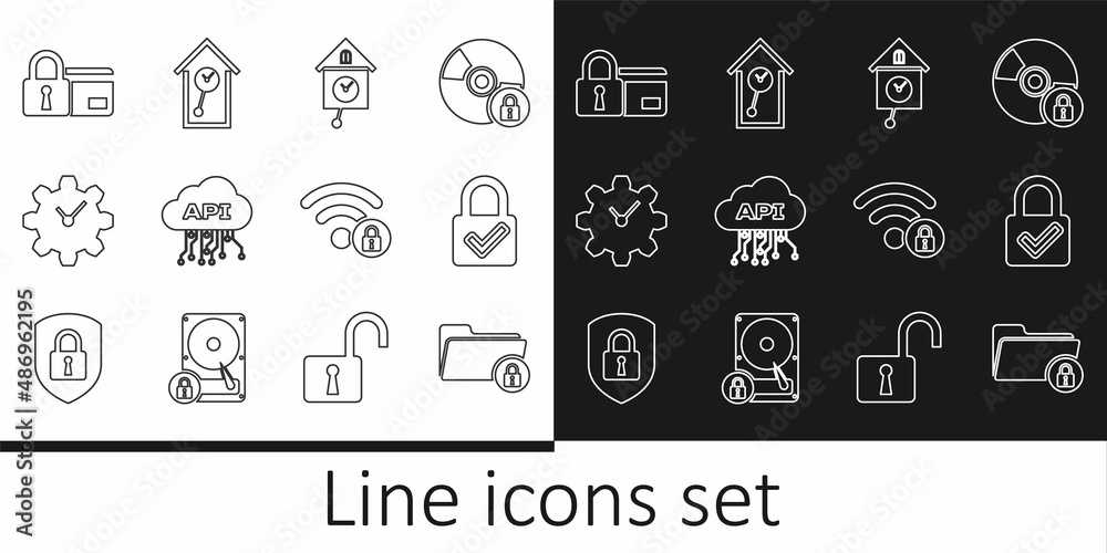 Set line Folder and lock, Lock check mark, Retro wall watch, Cloud api interface, Time Management, Credit card with, Wifi locked and icon. Vector Set line Folder and lock, Lock check mark, Retro wall watch, Cloud api interface, Time Management, Credit card with, Wifi locked and icon. Vector