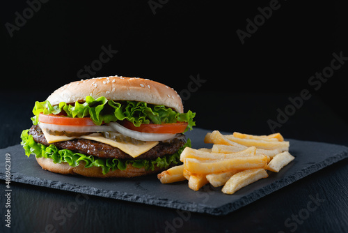 Traditional hamburger and french fries