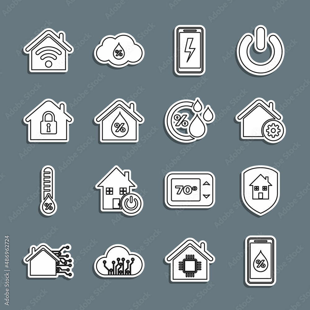 Set line Humidity for smart home, House under protection, Smart settings, Mobile charging battery, humidity, with wi-fi and icon. Vector Set line Humidity for smart home, House under protection, Smart settings, Mobile charging battery, humidity, with wi-fi and icon. Vector