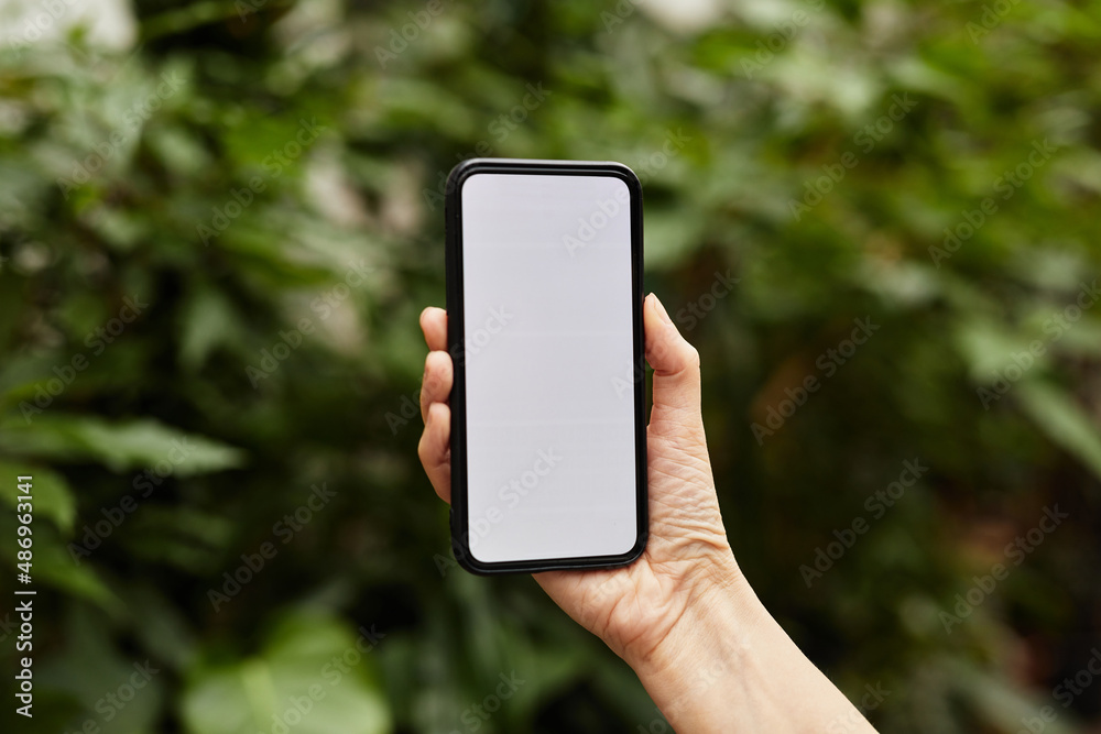 Close-up shot of female hand holding smartphone against green vegetation during work in large modern greenhouse or orangerie Close-up shot of female hand holding smartphone against green vegetation during work in large modern greenhouse or orangerie