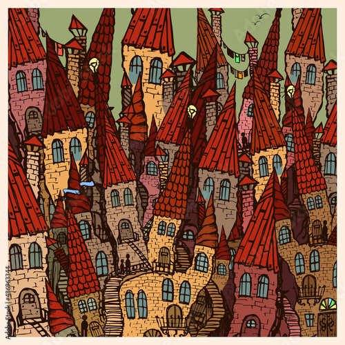 Old cartoon town. Painted sketch in a vintage color palette. Brick towers under red tiled roofs. Vector illustration