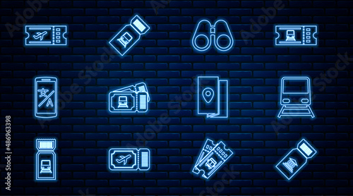 Set line Museum ticket, Train, Binoculars, Online translator, Airline, Cover book travel guide and icon. Vector
