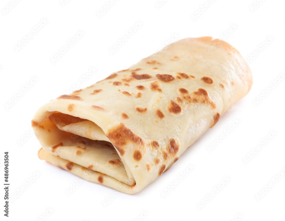 One delicious rolled crepe isolated on white One delicious rolled crepe isolated on white