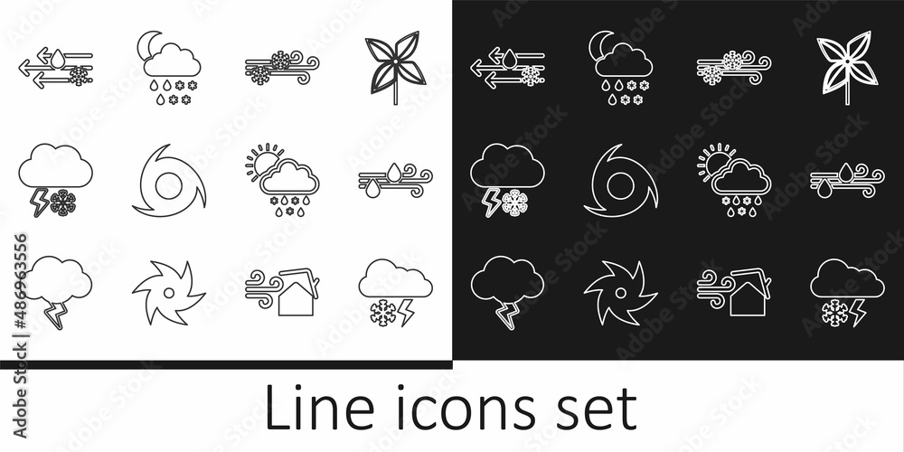Set line Cloud with snow and lightning, Wind rain, Tornado, snow, sun and moon icon. Vector