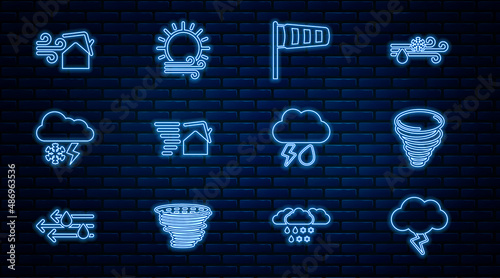 Set line Storm, Tornado, Cone meteorology windsock wind vane, swirl, Cloud with snow and lightning, rain and Wind sun icon. Vector