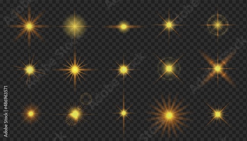 Flash camera light effect. Realistic twinkle stars. Vector glow shine element set