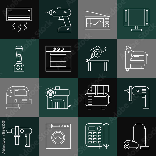 Set line Vacuum cleaner, Electric drill machine, construction stapler, Radio, Oven, Blender, Air conditioner and Table saw for woodwork icon. Vector