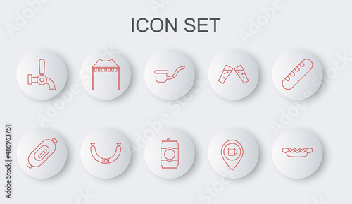 Set line Hotdog sandwich, Salami sausage, Smoking pipe, Alcohol or beer bar location, Beer tap, Camping tent, Sausage and can icon. Vector