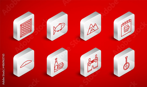 Set line Banjo, Fish, Mountains, Saint Patricks day calendar, Lederhosen, Checkered napkin, Beer bottle and glass and Homemade pie icon. Vector