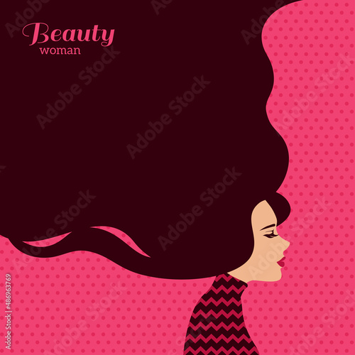 Vintage Fashion Woman with Long Hair. Vector Illustration. Stylish Design for Beauty Salon Flyer or Banner. Girl Silhouette. Cosmetics. Beauty. Health and spa. Fashion themes.