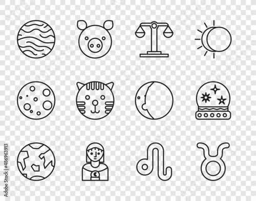 Set line Planet Earth, Taurus zodiac, Libra, Astrology woman, Venus, Tiger, Leo and Magic ball icon. Vector