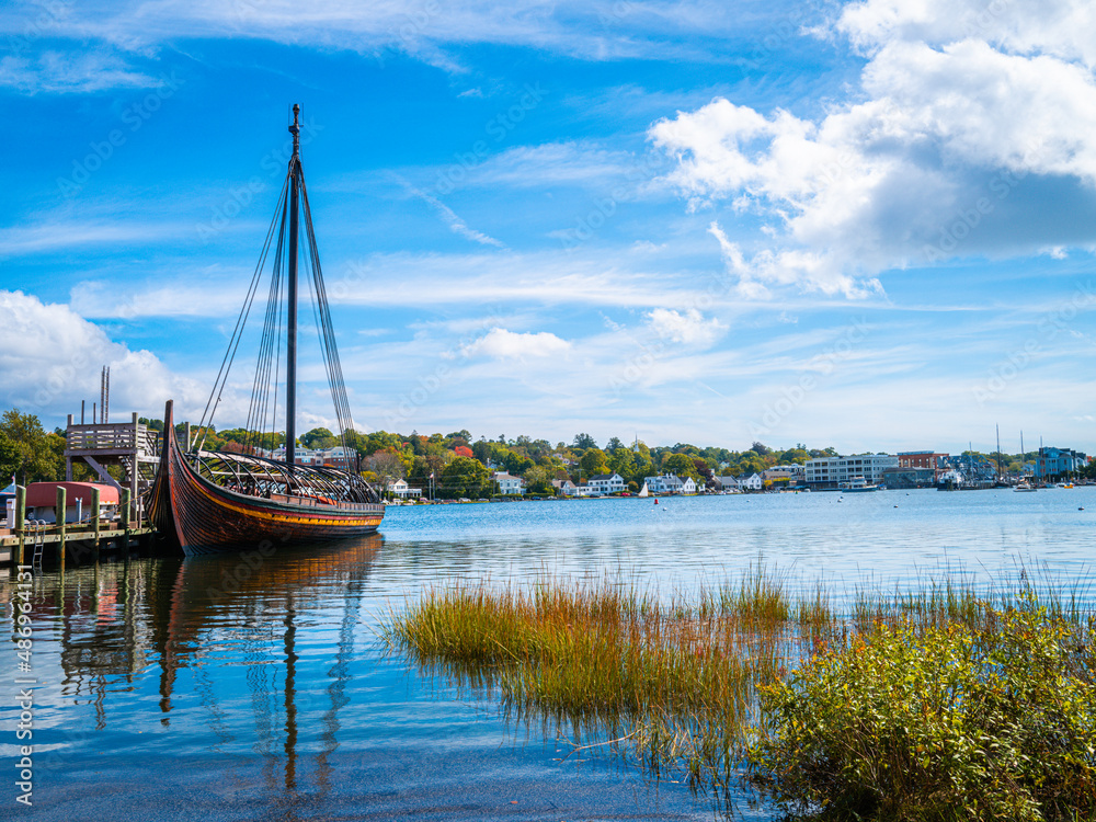 Moored sailboat in the harbor with aquatic plants