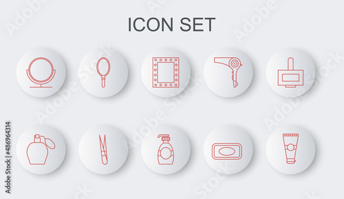 Set line Lotion cosmetic tube, Perfume, Makeup mirror with lights, Bar of soap, Round makeup, Hand, Eyebrow tweezers and Bottle liquid icon. Vector