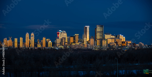 Panoramic view of Calgary s skyline at sunrise.