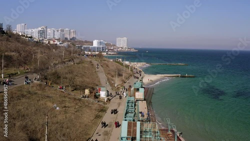 Drone panorama of the winter Black Sea coast landscape at sunny day on 10 stage of Big Fountain, Odessa Ukraine.