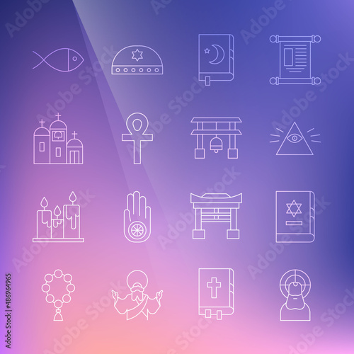 Set line Jesus Christ, Jewish torah book, Masons, Holy of Koran, Cross ankh, Church building, Christian fish and Japan Gate icon. Vector