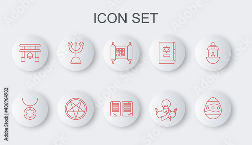Set line Easter egg, Star of David necklace on chain, Decree, paper, parchment, scroll, Jesus Christ, Japan Gate, Hanukkah menorah, Pentagram circle and The commandments icon. Vector