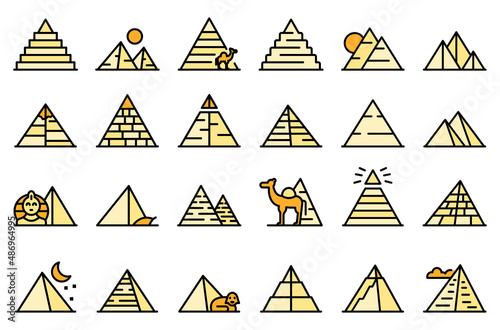 Pyramids egypt icons set outline vector. Cairo sphinx. Pharaoh giza