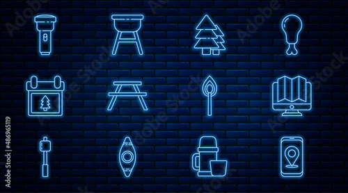 Set line City map navigation, Location of the forest in monitor, Tree, Picnic table with benches, Calendar tree, Flashlight, Burning match fire and Barbecue grill icon. Vector