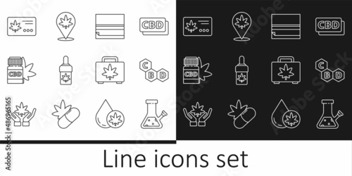 Set line Glass bong for smoking cannabis, Cannabis molecule, Rolling paper, Marijuana olive oil, Medical bottle with marijuana, Calendar and leaf, Shopping box of and Location icon. Vector