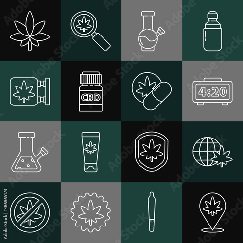 Set line Location and marijuana, Legalize globe, Digital alarm clock, Glass bong for smoking, Medical bottle with cannabis, Marijuana store, leaf and Herbal ecstasy tablets icon. Vector