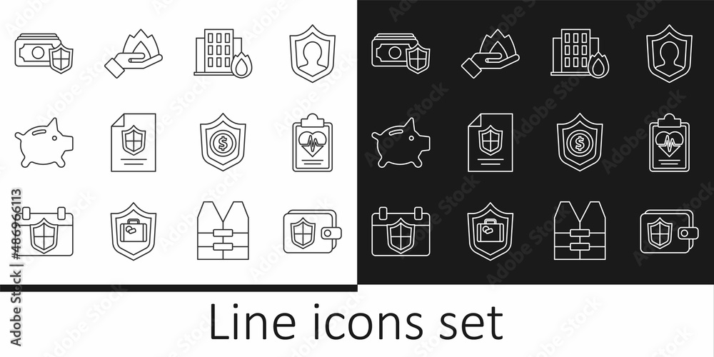 Set line Wallet with shield, Health insurance, Fire burning house, Contract, Piggy bank, Money, Shield dollar and Hand holding fire icon. Vector