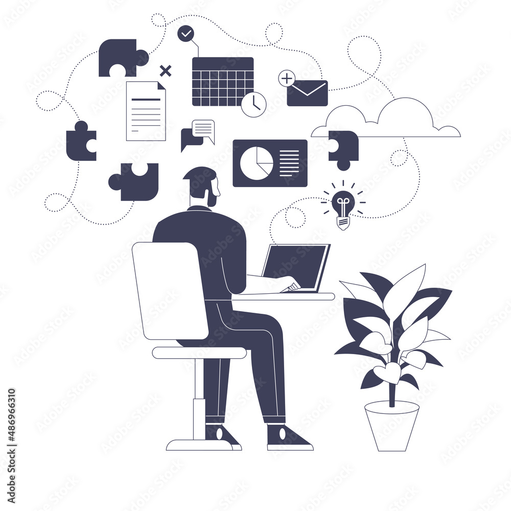 Businessman plans and creates business development strategy. Freelancer works on laptop, analyzes data and completes tasks before deadline. Vector graphic illustration isolated with character design
