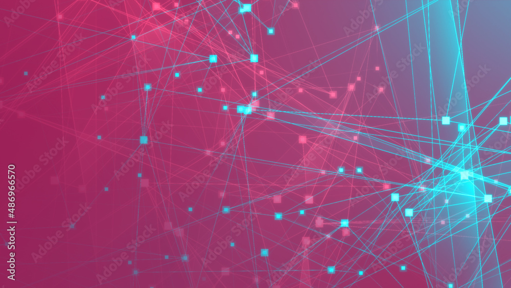 Obraz premium Abstract pink green polygon tech network with connect technology background. Abstract dots and lines texture background. 3d rendering.