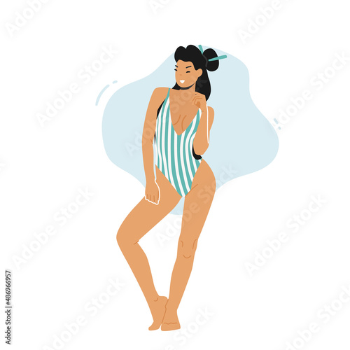 Asian Woman Posing in Striped Swimsuit with Decollete, Young Sexy Female Character in Swim Wear, Brunette Smiling Girl