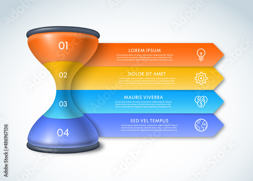 Hourglass sandglass infographic template with 4 arrows, steps, options, parts. Time management concept. Can be used for diagram, graph, presentation, chart.