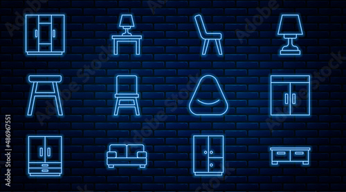 Set line Chest of drawers, Wardrobe, Armchair, Chair, Pouf and Table lamp on table icon. Vector