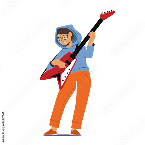 Boy Musician Playing Electric Guitar at Lesson in Musical School or Talent Show, Kid Prepare to Music Concert