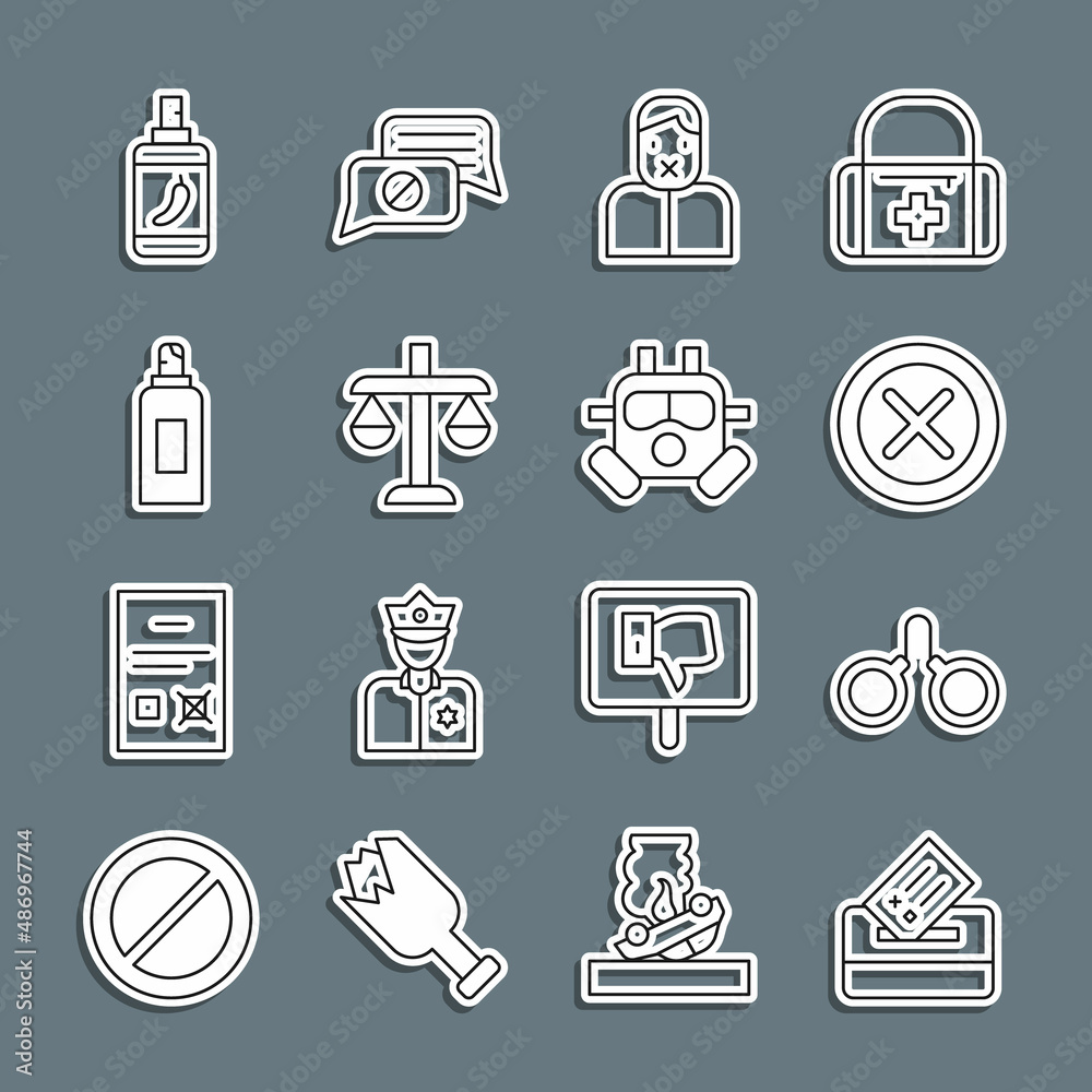Set line Vote box, Handcuffs, X Mark, Cross in circle, Censor freedom of speech, Scales justice, Paint spray can, Pepper and Gas mask icon. Vector Set line Vote box, Handcuffs, X Mark, Cross in circle, Censor freedom of speech, Scales justice, Paint spray can, Pepper and Gas mask icon. Vector