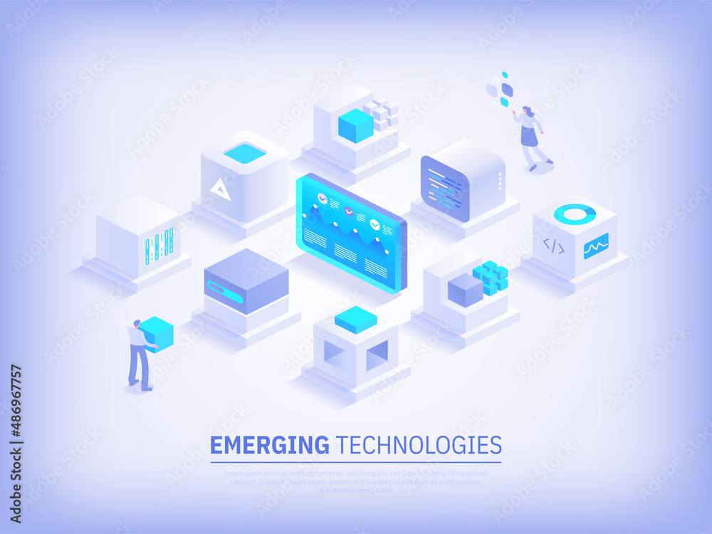 Emerging technologies and Digital innovation concept. Data analysis server room with working people. Cryptocurrency mining farm. Abstract futuristic cubes design. Vector illustration in isometry view
