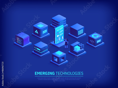 Emerging technologies and Digital innovation concept. Blockchain and cryptocurrency. Big data analysis and global database. Abstract futuristic cubes shapes. Vector illustration in isometry design