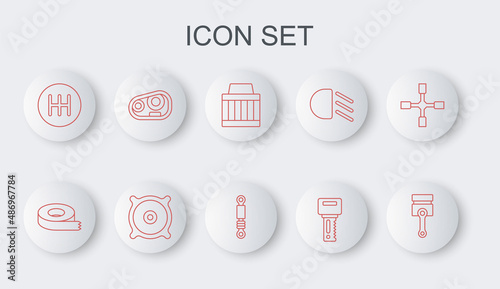 Set line Engine piston, Scotch tape, Car air filter, key with remote, Gear shifter, headlight, audio speaker and Shock absorber icon. Vector