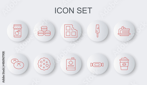 Set line Coffee cup to go, Bread loaf, Chocolate bar, Candy, Jam jar, Macaron cookie, Cookie or biscuit and Cookbook icon. Vector