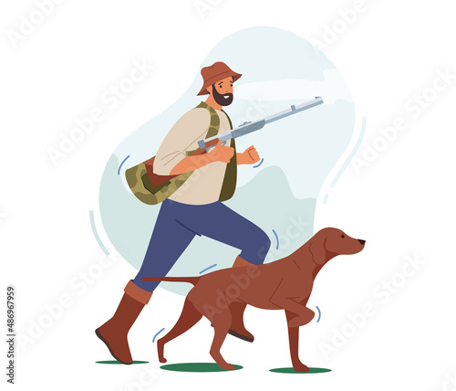 Hunter with Rifle and Dog Ron, Man Hunting Hobby, Sport or Outdoor Activity, Male Character Wear Camouflage Vest